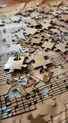 Scattered Musical Puzzle Pieces on Vintage Sheet Music