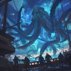 Polar Explorers Witness Stunning Blue Octopus Ascending Above Their Ship in a Starry Sky - obrazy, fototapety, plakaty