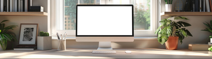 Blank screen monitor and wireless keyboard with mouse on a desk in a home office. Banner.