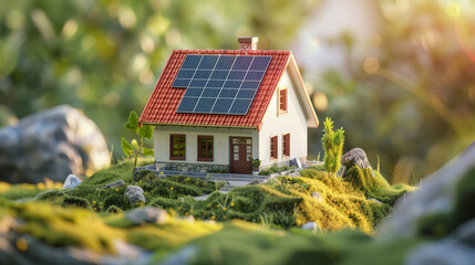 A small model house with solar panels on the roof, surrounded by greenery and trees.