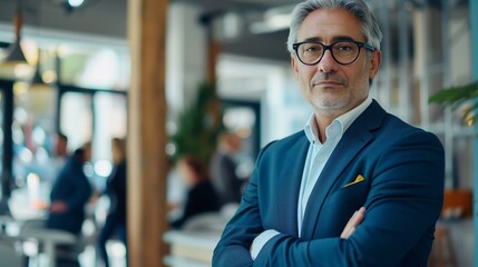 A portrait of an businessman, wearing glasses and a stylish blue suit standing with his arms crossed looking at the camera.