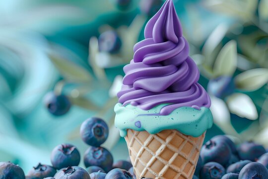 Closeup blueberry soft serve ice cream cone on blurred background.
