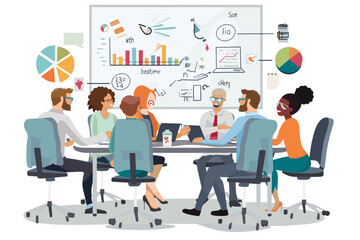 Diverse Business Team Engaged in Lively Discussion, Brainstorming New Project and Innovative Business Plan, Sharing Creative Ideas, Collaboration and Teamwork, Whiteboard, Vector Illustration