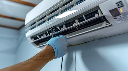 close-up of repairman fixing air conditioner
