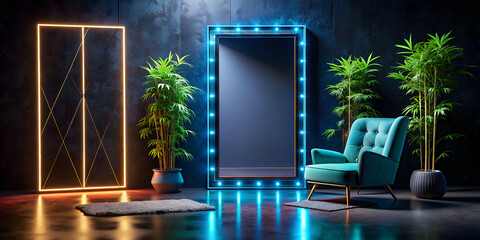 A black background with neon graffiti, bamboo, the carpet is black loose, a puffy bright blue  ...