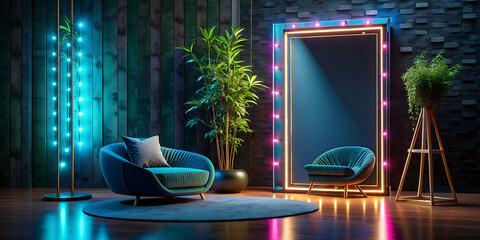 A black background with neon graffiti, bamboo, the carpet is black loose, a puffy bright blue  ...