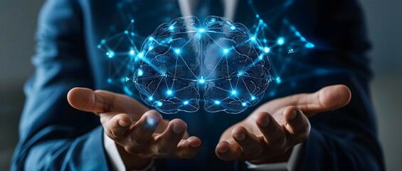 Businessman Navigating Digital Brain and Network Connection on Blue Background