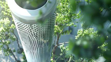 An air purifying tower designed to filter urban pollution and produce clean air with integrated green technology. - obrazy, fototapety, plakaty