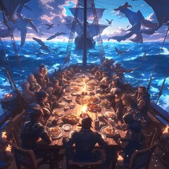 Celebratory Dinner on a Whale-Backed Ship: An Extraordinary Maritime Gathering - obrazy, fototapety, plakaty