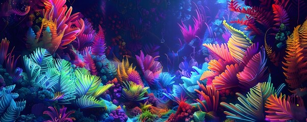 Fototapeta na wymiar Radiant Neon Jungle - An Immersive Digital Landscape of Vibrant,Glowing Flora and Surreal Patterns