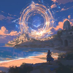 Immerse in a captivating time-travel fantasy with a mysterious traveler exploring an ancient city under the glow of a magical energy orb. - obrazy, fototapety, plakaty