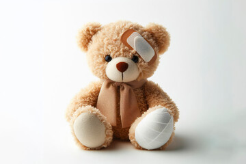 Obraz premium A sick teddy bear with a bandage on on a bright white background