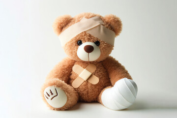 A sick teddy bear with a bandage on on a bright white background - obrazy, fototapety, plakaty