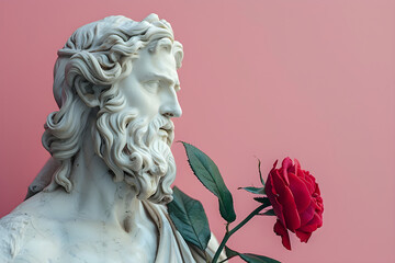 A statue of Zeus with a red rose on a pink background, symbolizing love and power, suitable for decoration or romantic purposes.