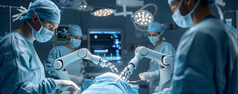 Futuristic Operating Theater with Robotic Arms Guided by Doctors Performing Complex Medical Procedure