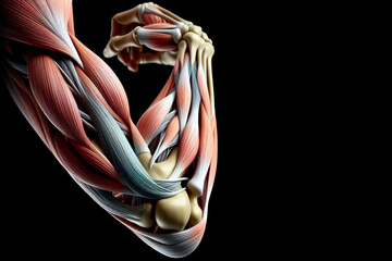 elbow joint connection of bones, Human muscles, human anatomy isolated on black background