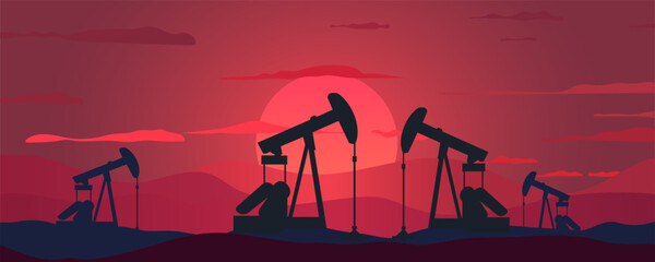 Oil industry. Silhouettes of oil pumps on a beautiful landscape with mountains at sunset. Oil well, working pumps and drilling rig, pumping rig. Vector illustration for design.