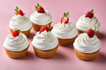 Cupcakes with creamy icing on a pink background. Template for displaying product presentation. Artificial Intelligence Platform