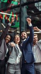 Fototapeta premium Business team celebrating a successful quarter, with a digital stock ticker showing positive results, hyper realistic textures, vibrant colors
