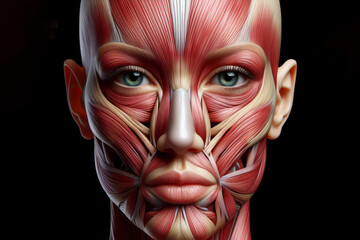 Face Human muscles, human anatomy isolated on black background