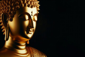 golden buddha statue portrait copy space on black background