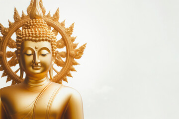 golden buddha statue portrait copy space on white background
