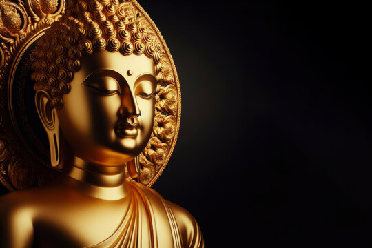 golden buddha statue portrait copy space on black background