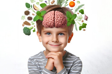 kid boy with herbs and brain on his head with healthy thoughts on a white background - obrazy, fototapety, plakaty