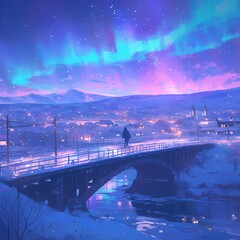 A serene urban scene at night under the mesmerizing glow of the Northern Lights, featuring a lone figure strolling over an illuminated bridge.