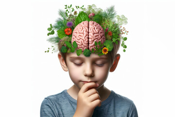 kid boy with herbs and brain on his head with healthy thoughts on a white background