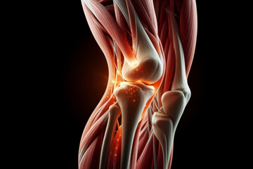 knee joint connection of bones, Human muscles, human anatomy isolated on black background - obrazy, fototapety, plakaty