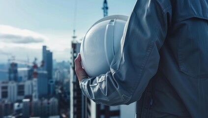 A closeup of an engineer's hand holding a white helmet with a cityscape in the background, representing construction and engineering Generative AI