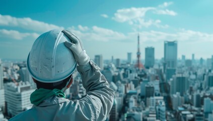 Japanese construction worker holding a white helmet with a cityscape in the background, a blue sky and skyline visible, a close up of a hand wearing a gray jacket and green bandana Generative AI