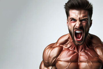 muscular man with tense muscles and screaming copy space on a white background