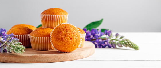 Freshly baked muffins and purple lupins on white wooden background.