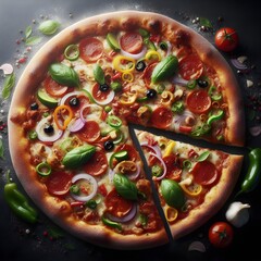 Pizza on the table, one cut piece, on a dark background on the table, top view, Generative AI