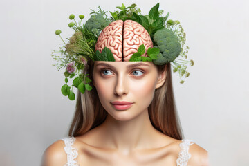 Woman with herbs and brain on her head with healthy thoughts on a white background - obrazy, fototapety, plakaty