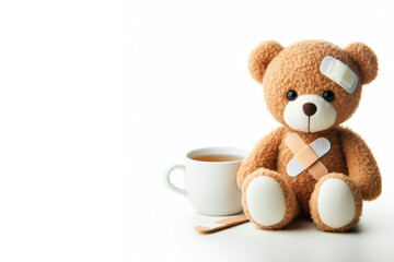 A sick teddy bear with a bandage on on a bright white background