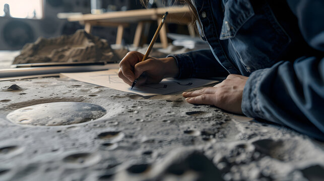 An architect drafting designs for a lunar habitat inspired by the crescent moon visible from their studio window.
