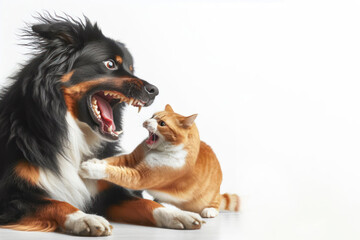 Naklejka na ściany i meble Dog fighting with a cat on a white background