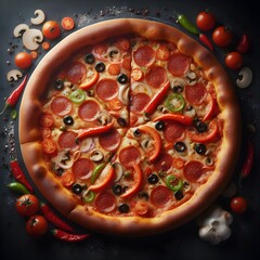 Pizza on the table on a dark background, top view,  Generative AI