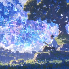 An Anime-Inspired Illustrated Scene Depicting a Thoughtful AI overseeing the Seeds of Life and Technology in a Digital Garden.