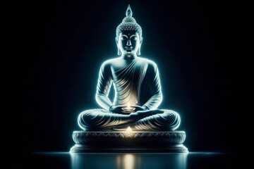 Glowing Meditating buddha statue on black background