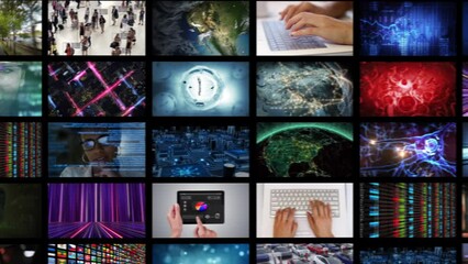 Lateral Dolly of Several Videos and Animations Playing in Virtual World. Video Wall Screens Showing People, Futuristic Animations in The Metaverse. Chroma key. All videos available in my portfolio. 