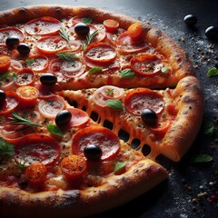 Bright juicy pizza on a dark background, Generative AI