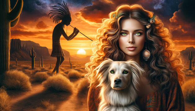 A woman with long curly bronze hair, her dog, and Kokopelli playing his flute.