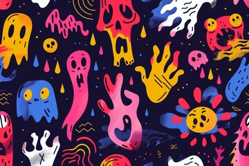 AI generated illustration of hand-drawn colorful monsters on dark blue background