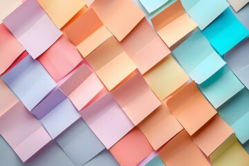 Abstract paper craft background in a square shape with pastel color palette. Wallpaper from pastel multicolor sticky notepads isolated on simple background. Generative AI.