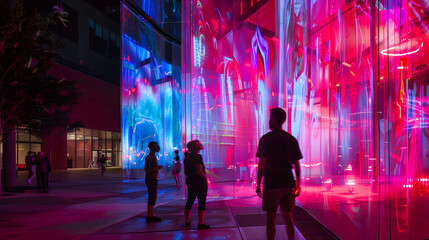 An art installation that functions as a public space using interactive light and sound elements to react to the presence and movements of visitors fostering community engagement and creativity. - obrazy, fototapety, plakaty