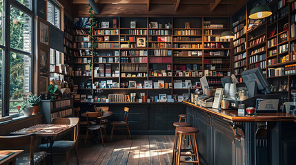 An artisanal coffee bar within a bookstore creating a serene environment for reading and relaxation with a carefully curated selection of books and specialty coffees.